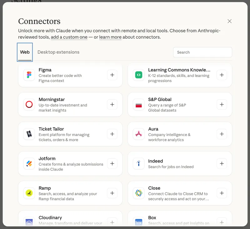 Claude.ai Connectors directory showing available MCP integrations